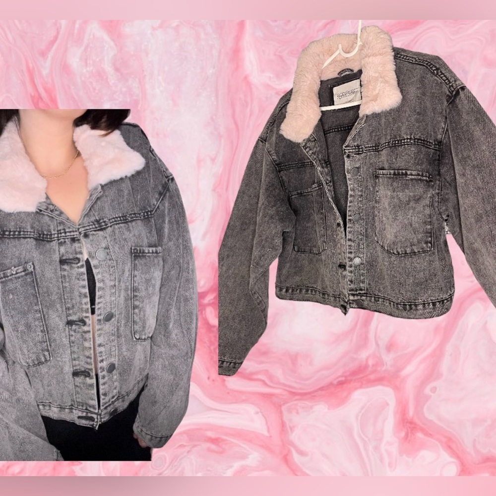 Black cropped jean jacket with fur pink collar